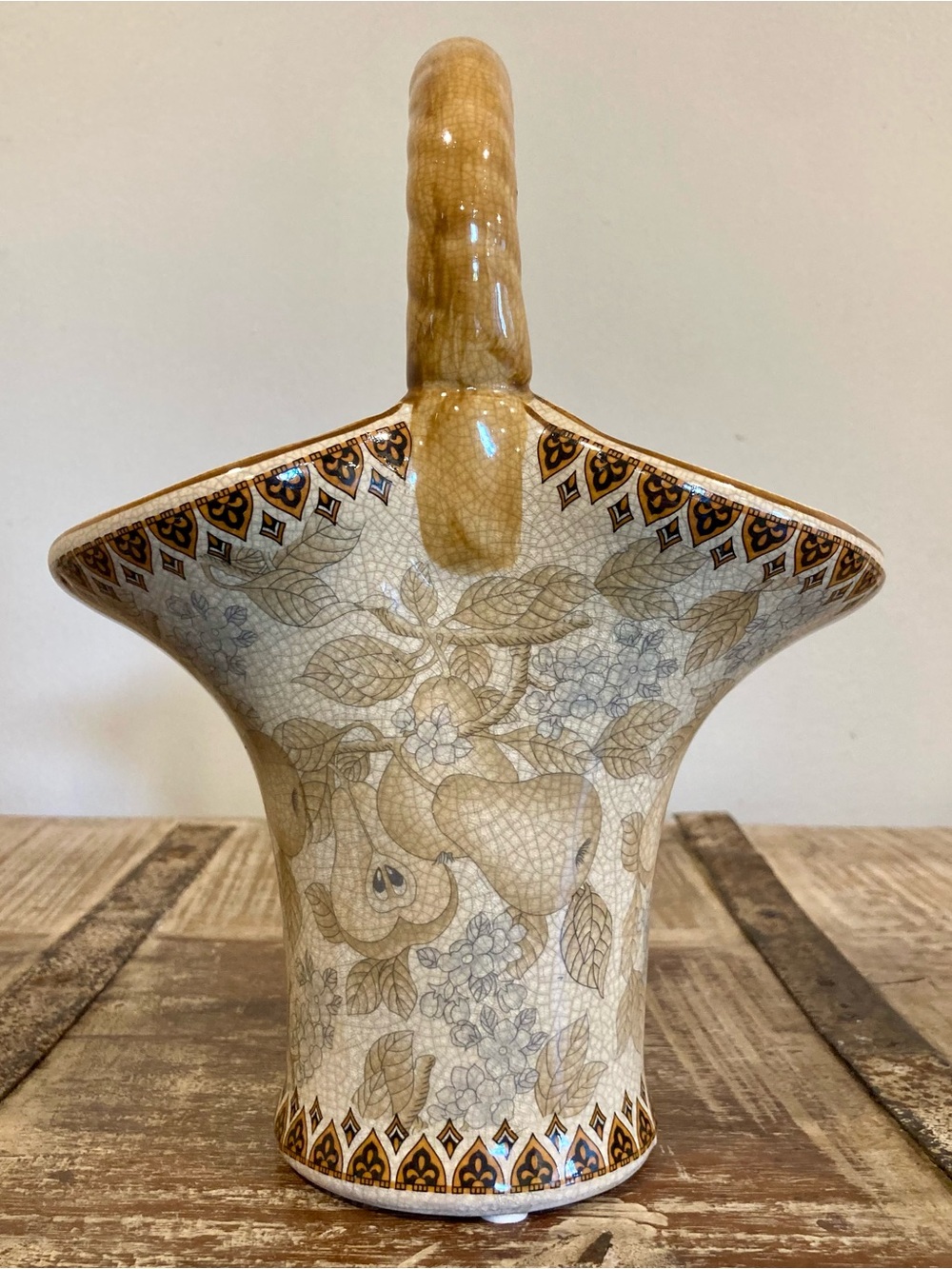 Ceramic Basket Vase with Handle Crackle Glaze Neutral Pears 10” Tall